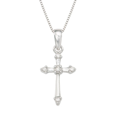 Sterling Silver Round Diamond Kids Cross Pendant with Box Chain