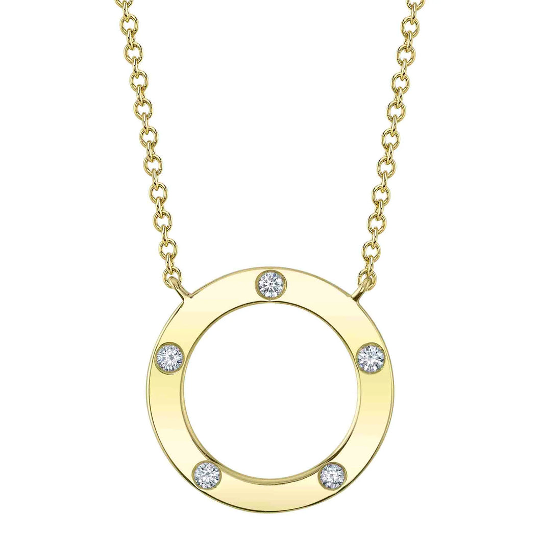 14K Yellow Gold Round Diamond Bezel Circle Necklace