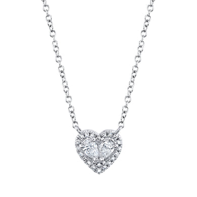 14K White Gold Pear & Round Diamond 1/5 CT Heart Halo Necklace