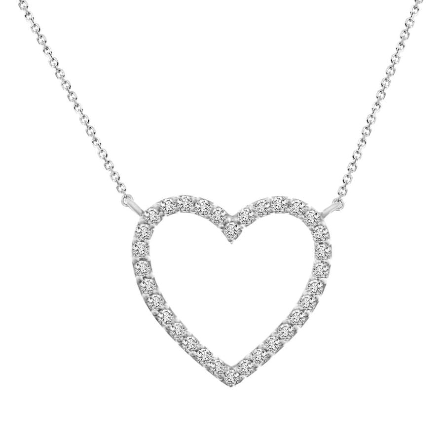 10K White Gold Round Diamond 1/10 CT Open Heart Necklace