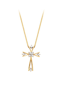 10K Yellow Gold Round Diamond Cross Pendant with Chain