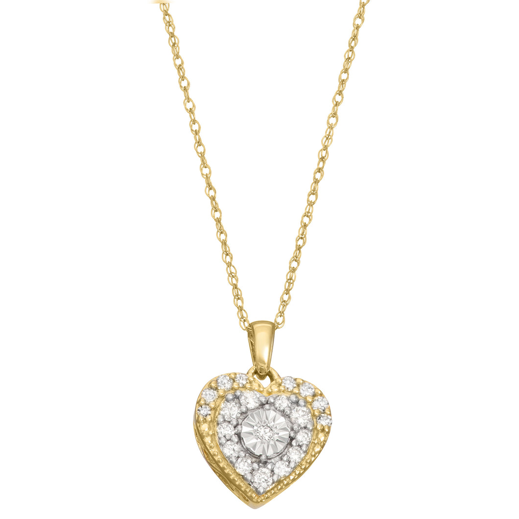 10K Yellow Gold Round Diamond 1/4 CT Cluster Heart Pendant