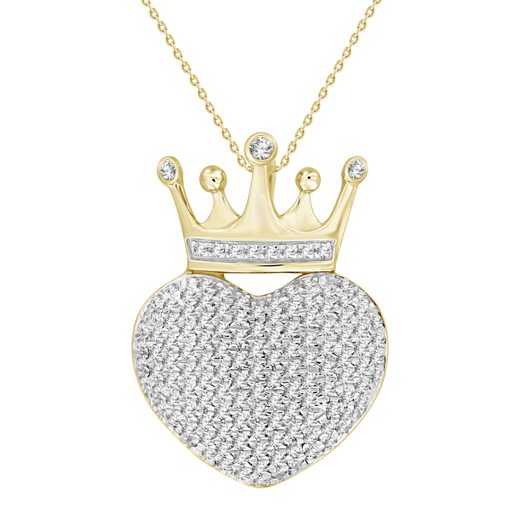 10K Yellow Gold Round Damond 1/3 CT Heart with Crown Pendant