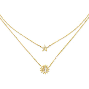 14K Yellow Gold Round Diamond 1/7 CT Pave Star and Sun Layered Necklace