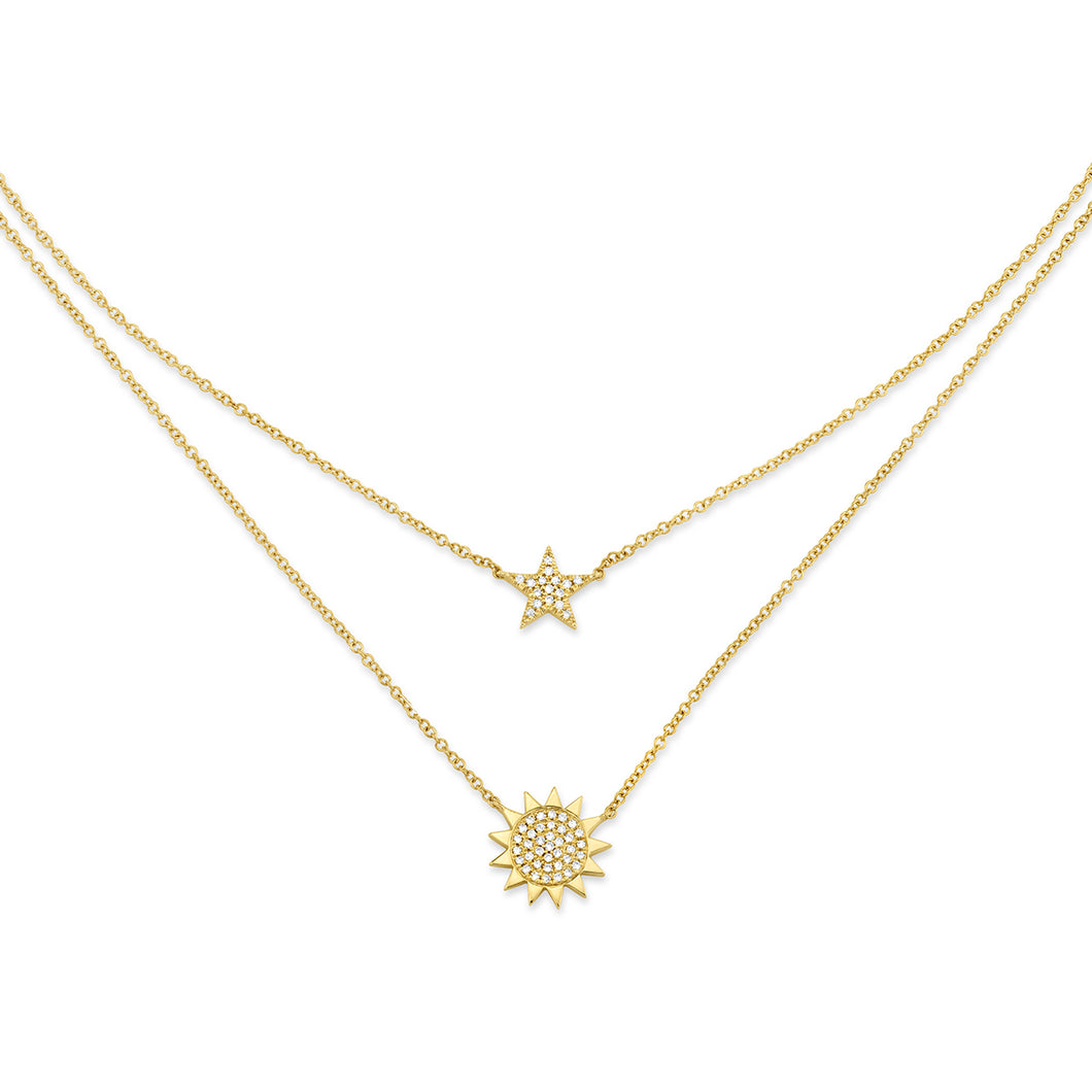 14K Yellow Gold Round Diamond 1/7 CT Pave Star and Sun Layered Necklace