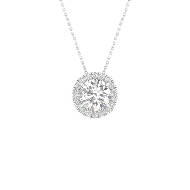 14K White Gold Round Lab Grown Diamond 1-1/7 CT Halo Pendant with Chain