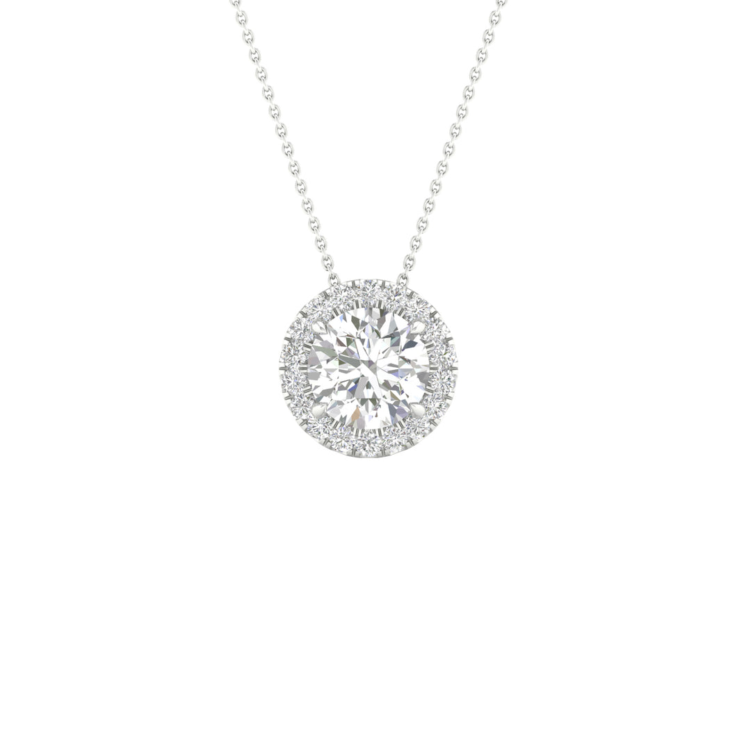 14K White Gold Round Lab Grown Diamond 1-1/7 CT Halo Pendant with Chain