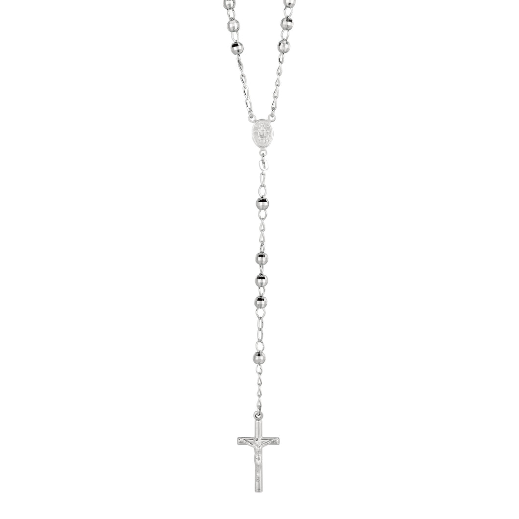 Silver Diamond Cut Large Bead Rosary Necklace