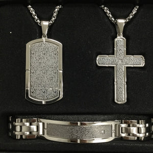 Stainless Steel Round Diamond Mens ID Bracelet, Dog Tag & Cross Pendant 3-Piece Set
