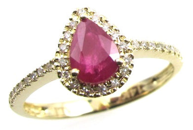 14K Yellow Gold Pear Shape Ruby & Round Diamond Halo Ring