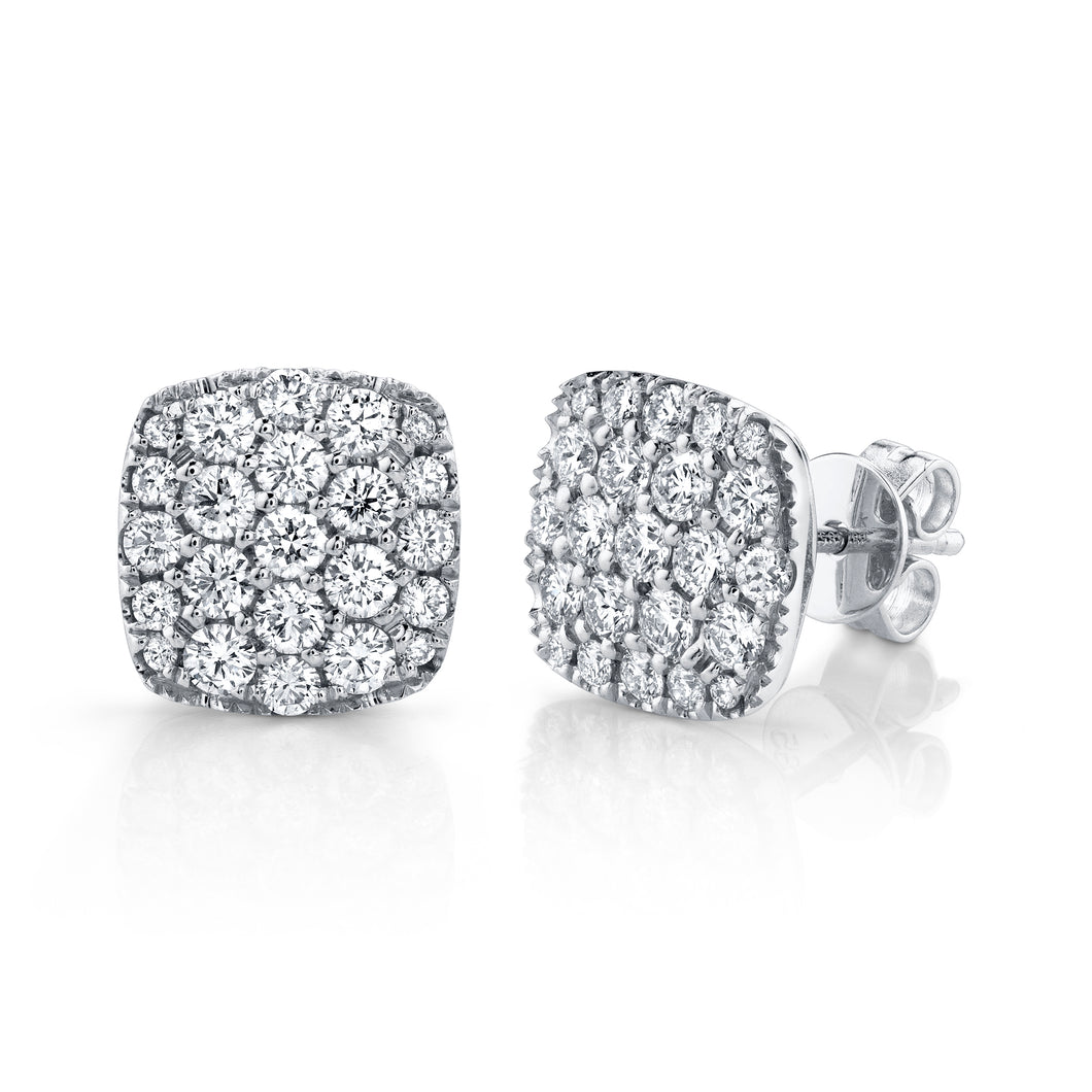 14K White Gold Round Diamond 1-1/10CT Pave Cluster Earrings
