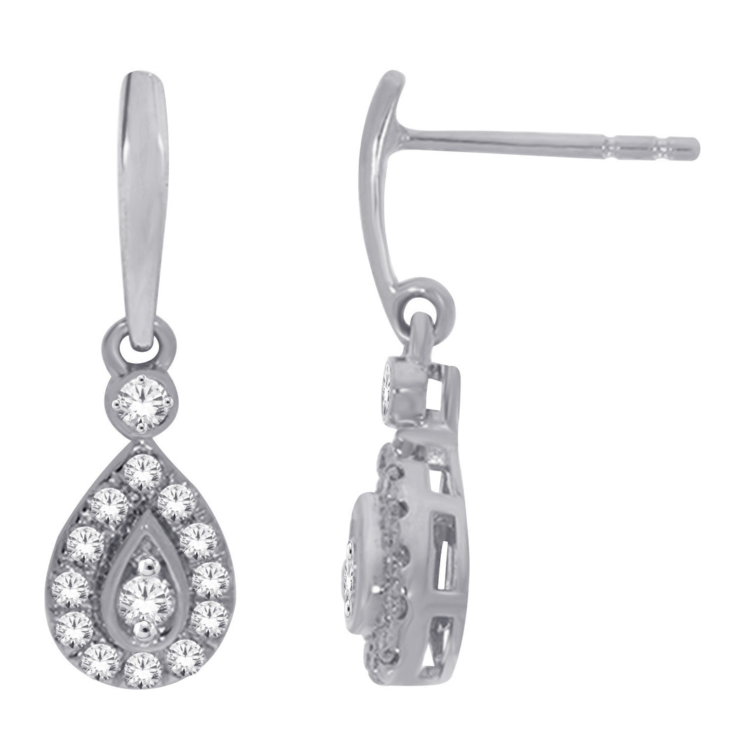 10K White Gold Round Diamond 1/4CT Pear Shape Halo Dangle Earrings