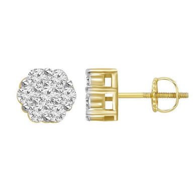 10K Yellow Gold Round Diamond 1/7CT Cluster Flower Earrings