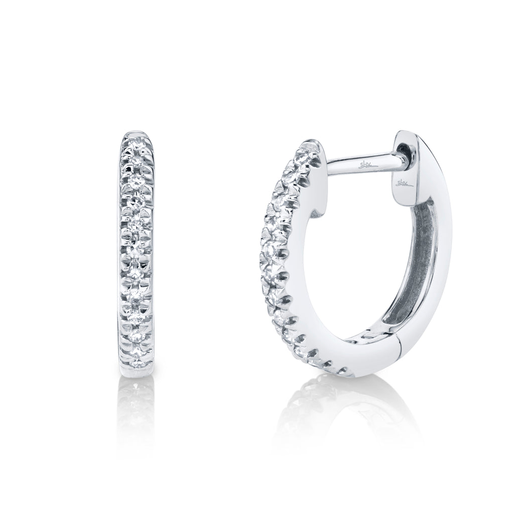 14K White Gold Round Diamond Huggie Hoop Earrings