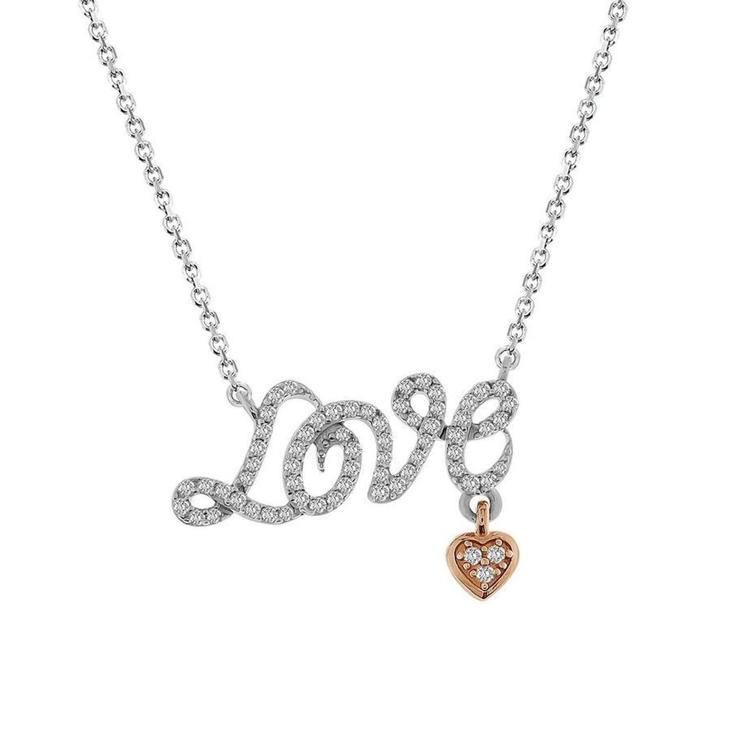 10K Two Tone Round Diamond 1/5CT Love Necklace with Dangling Pink Heart