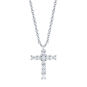 14K White Gold Round & Baguette Diamond 1/5CT Cross Necklace