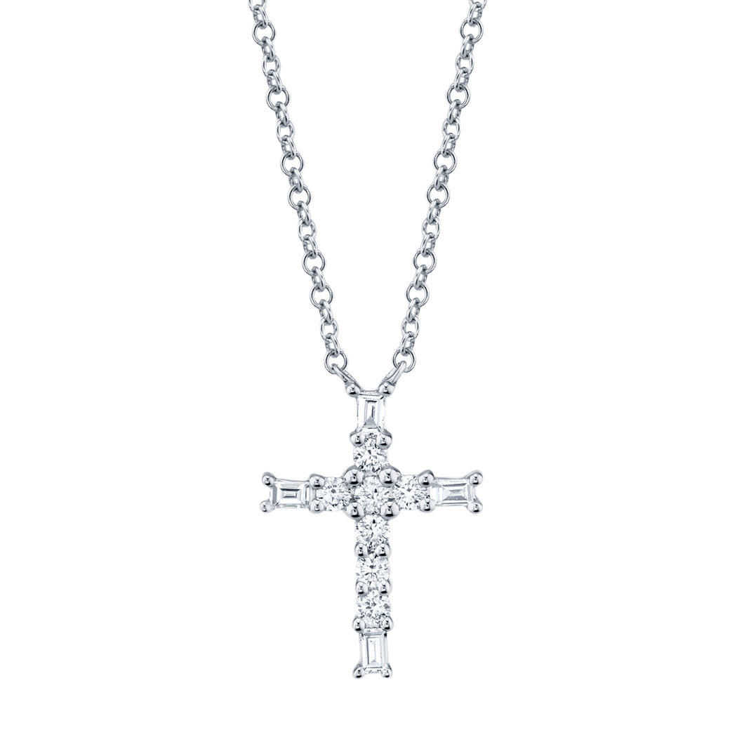 14K White Gold Round & Baguette Diamond 1/5CT Cross Necklace