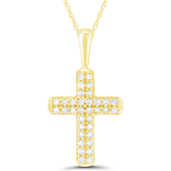 10K Yellow Gold Round Diamond 1/10CT Pave Cross Pendant with Chain