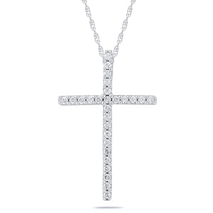 10K White Gold Round Diamond 1/10 CT Cross Pendant