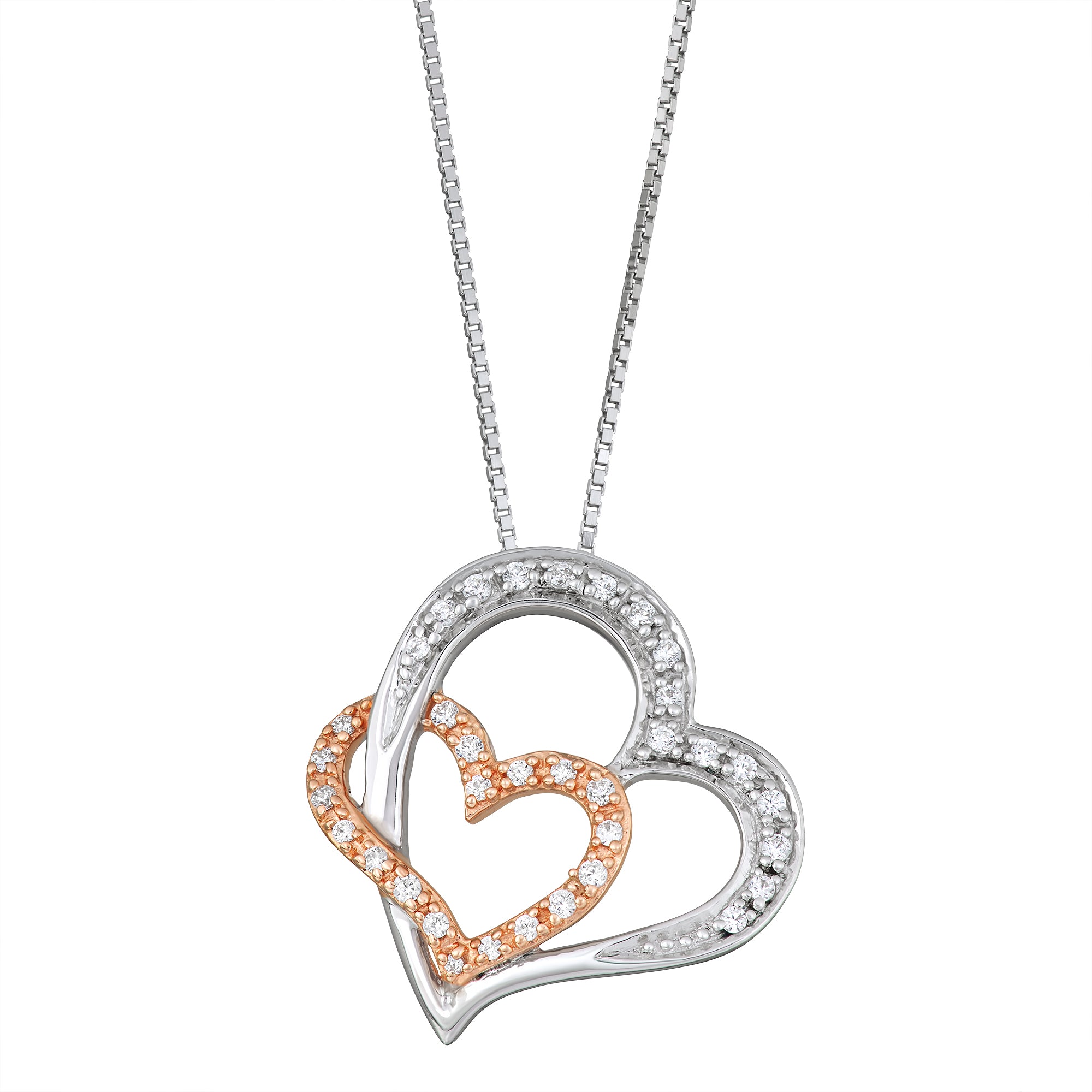 Two Tone Sterling Silver 1/5CT Double Heart Pendant with Chain – Kevin  Jewelers