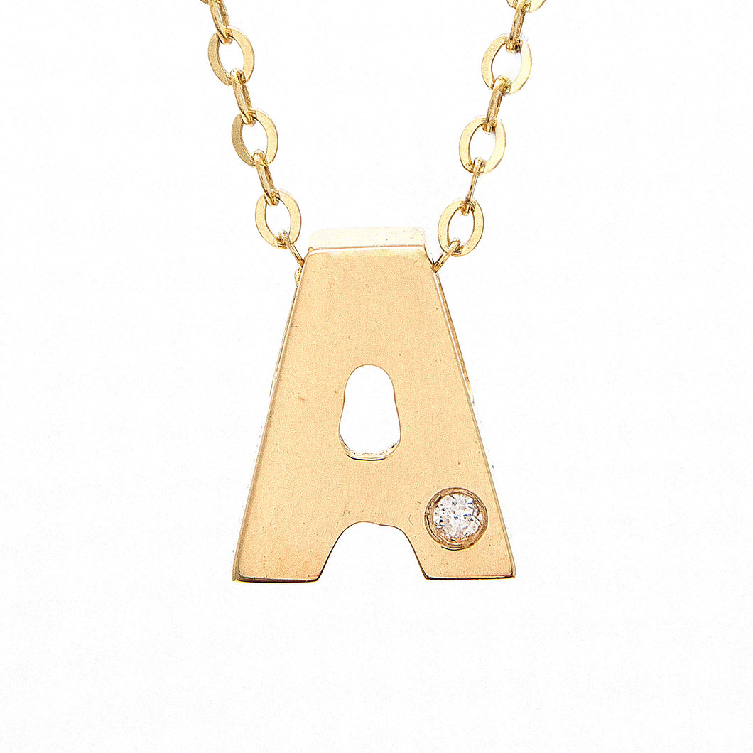 14K Yellow Gold Round Diamond Initial Necklace