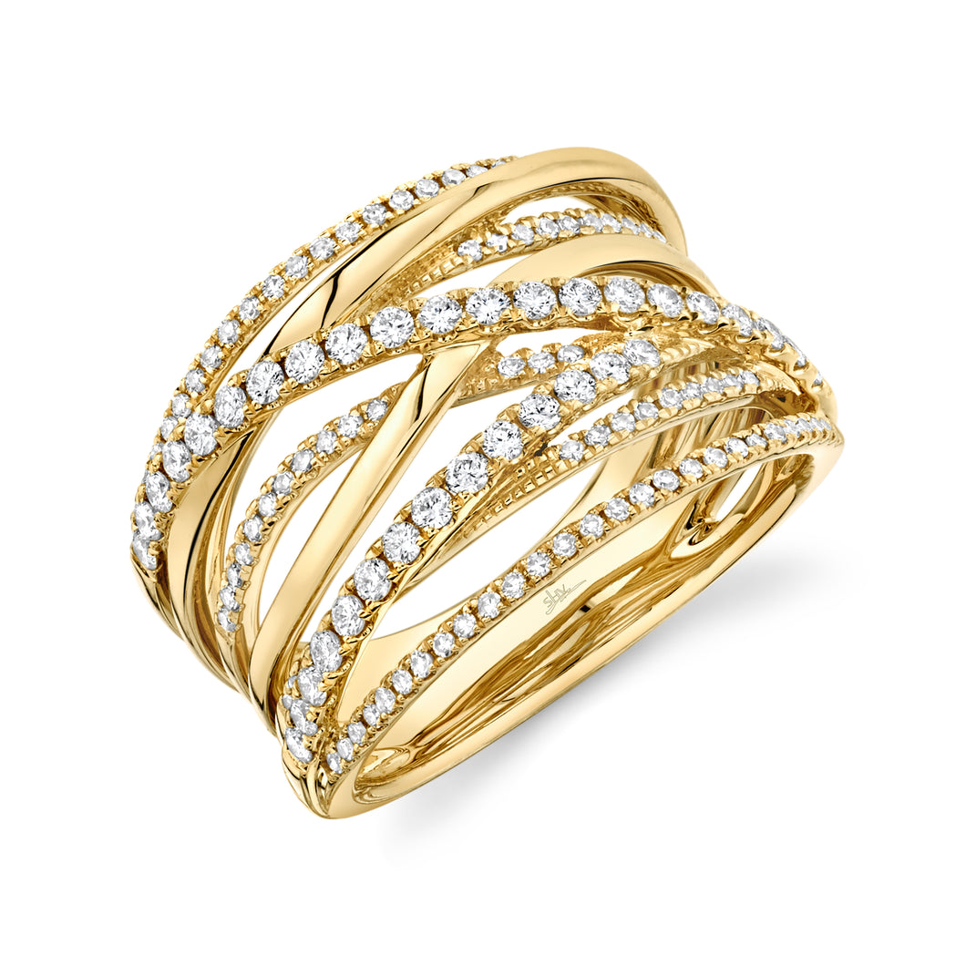 14K Yellow Gold Round Diamond 5/8CT Cross Rows Fancy Ring