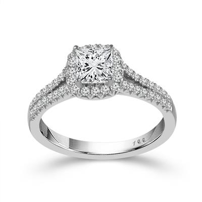14K White Gold Princess Cut & Round Diamond 1-1/10CT Halo Engagement Ring