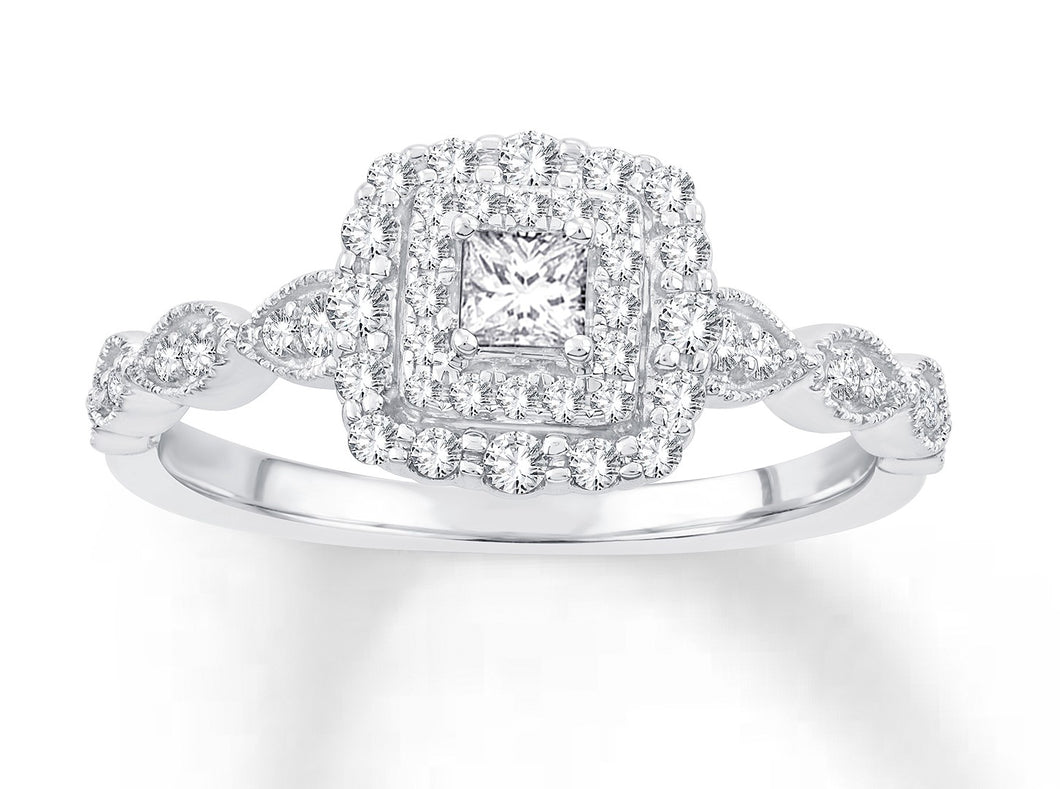 10K White Gold Princess Cut Center & Round Diamond 3/8CT Engagement Ring