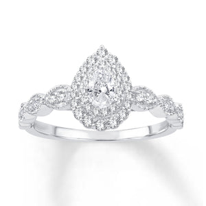 10K White Gold Pear Center & Round Diamond 3/8CT Double Halo Engagement Ring