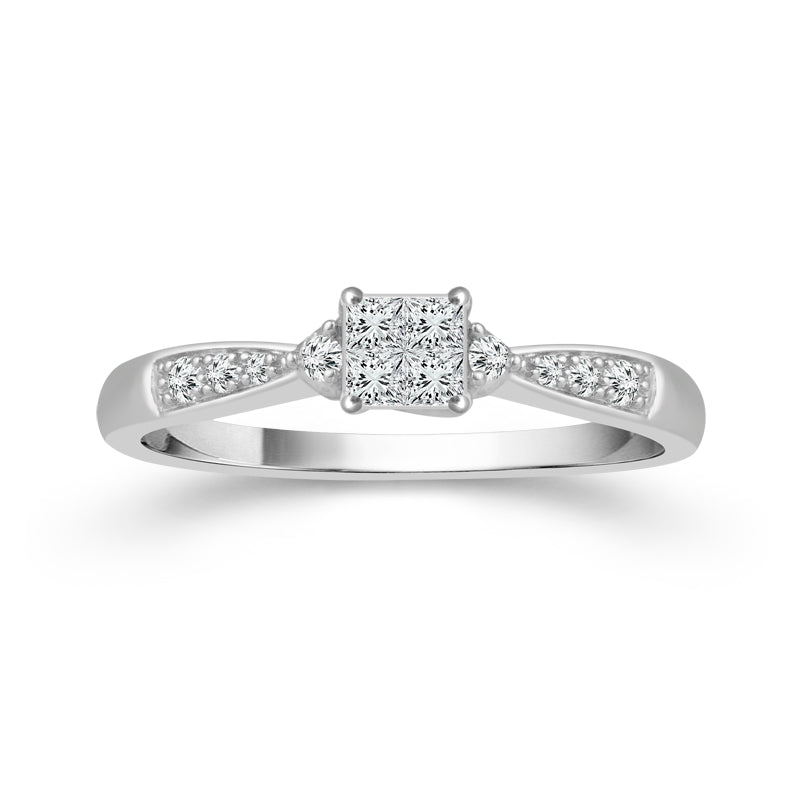 10K White Gold, Princess Cut and Round Diamond 1/6CT Ring