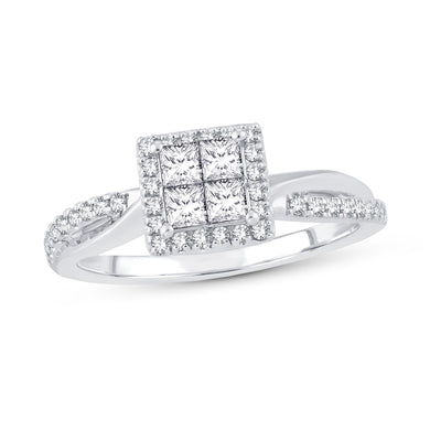 10K White Gold Quad Center & Round Diamond 1/2CT Halo Engagement Ring