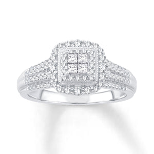 10K White Gold Quad Center & Round Diamonds 1/2CT Halo Engagement Ring