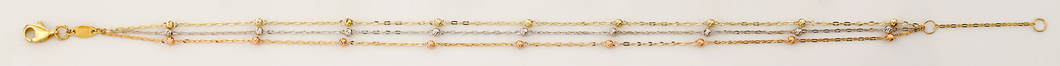 14K Tri-Color, Three Strand, Diamond Cut Beads Anklet or Bracelet