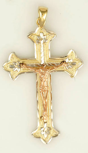 14K Tri-Color Flat Diamond Cut Crucifix Charm