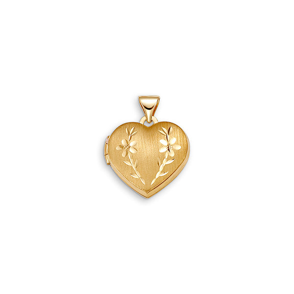 10K Yellow Gold Heart Locket with Engraved Flowers