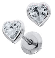 Sterling Silver Heart White Cubic Zirconia Kids Earrings