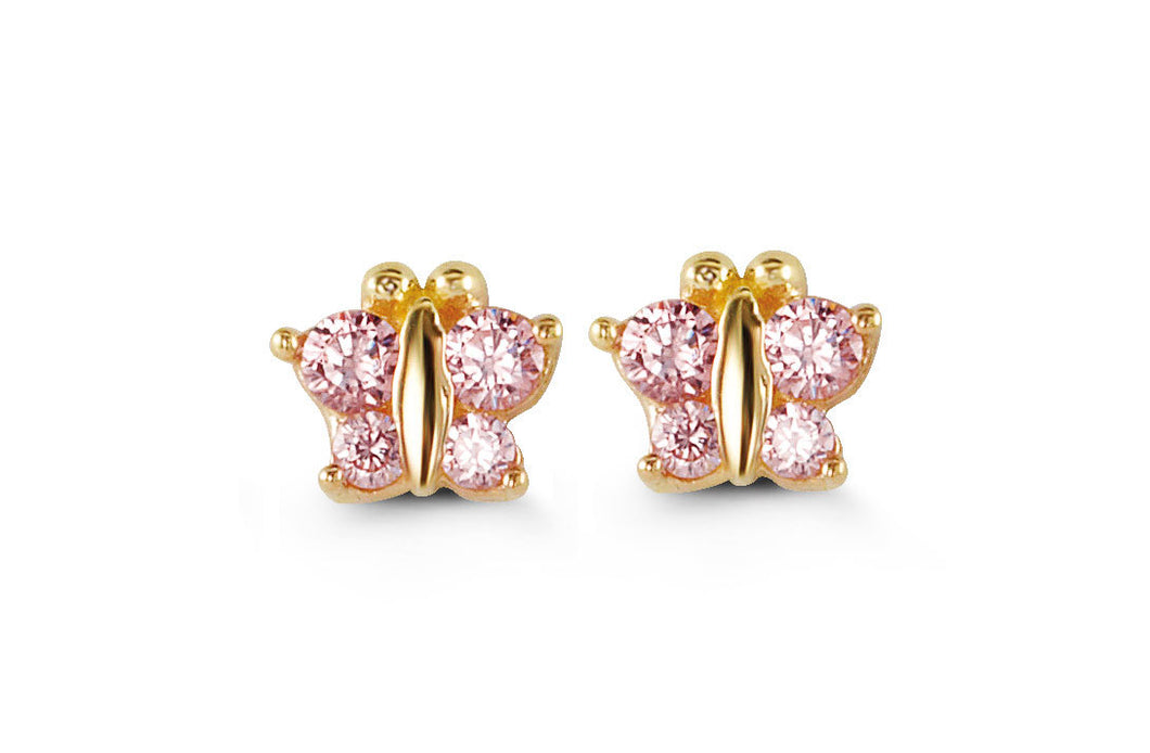 14K Yellow Gold Round Pink Cubic Zirconia Butterfly Kids Earrings