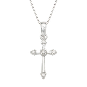 Sterling Silver Round Diamond Kids Cross Pendant with Box Chain