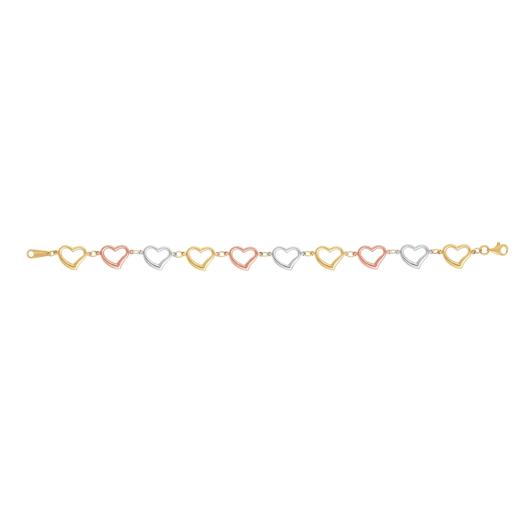 14K Tri-color Gold Heart Link Bracelet