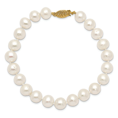 14K Yellow Gold, 8-9MM White Freshwater Cultured Pearl 7.5" Bracelet