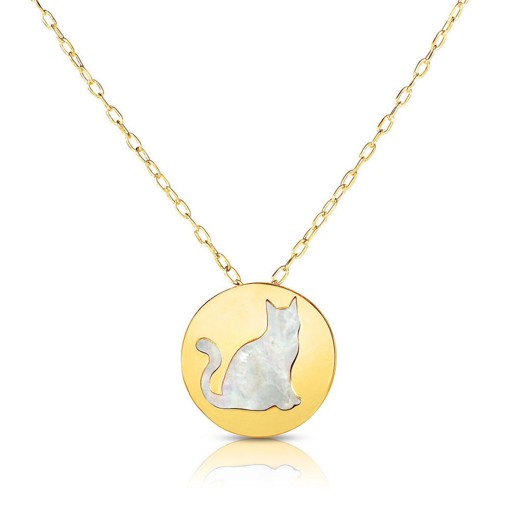 14K Gold Cat Mother of Pearl Necklace
