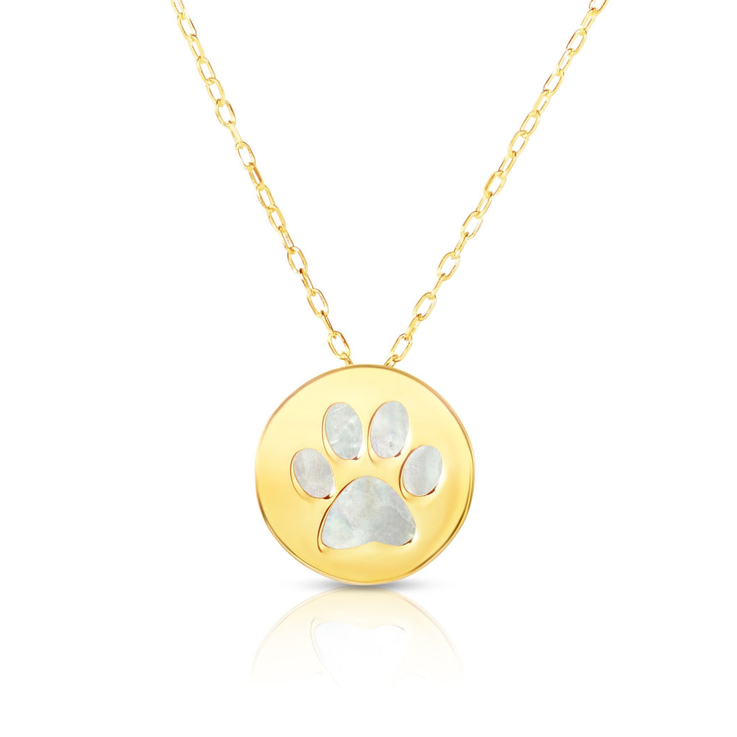 14K Gold Paw Print Mother of Pearl Necklace