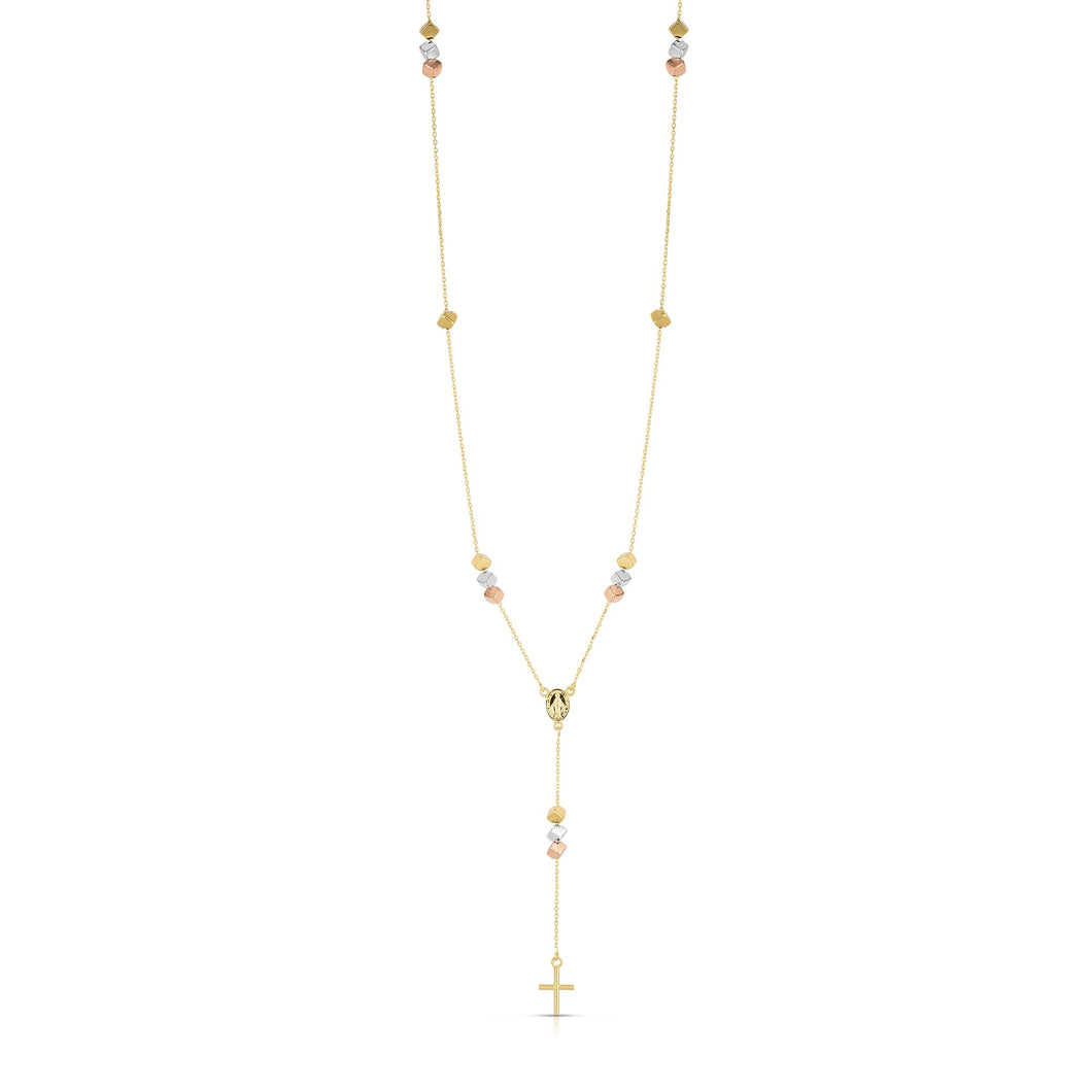 14K Tri-color Gold Cube Rosary Inspired Lariat Necklace