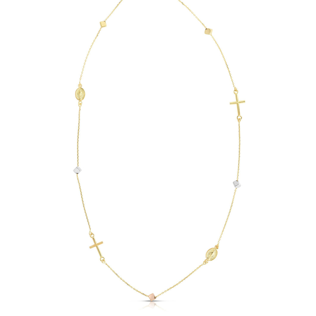 14K Two-tone Gold Polished Cube & Cross Necklace