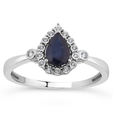 10K White Gold Pear Shape Sapphire & Round Diamond Halo Ring