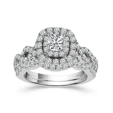 14K White Gold Princess Cut & Round Diamond 1-1/10CT Halo Engagement Ring