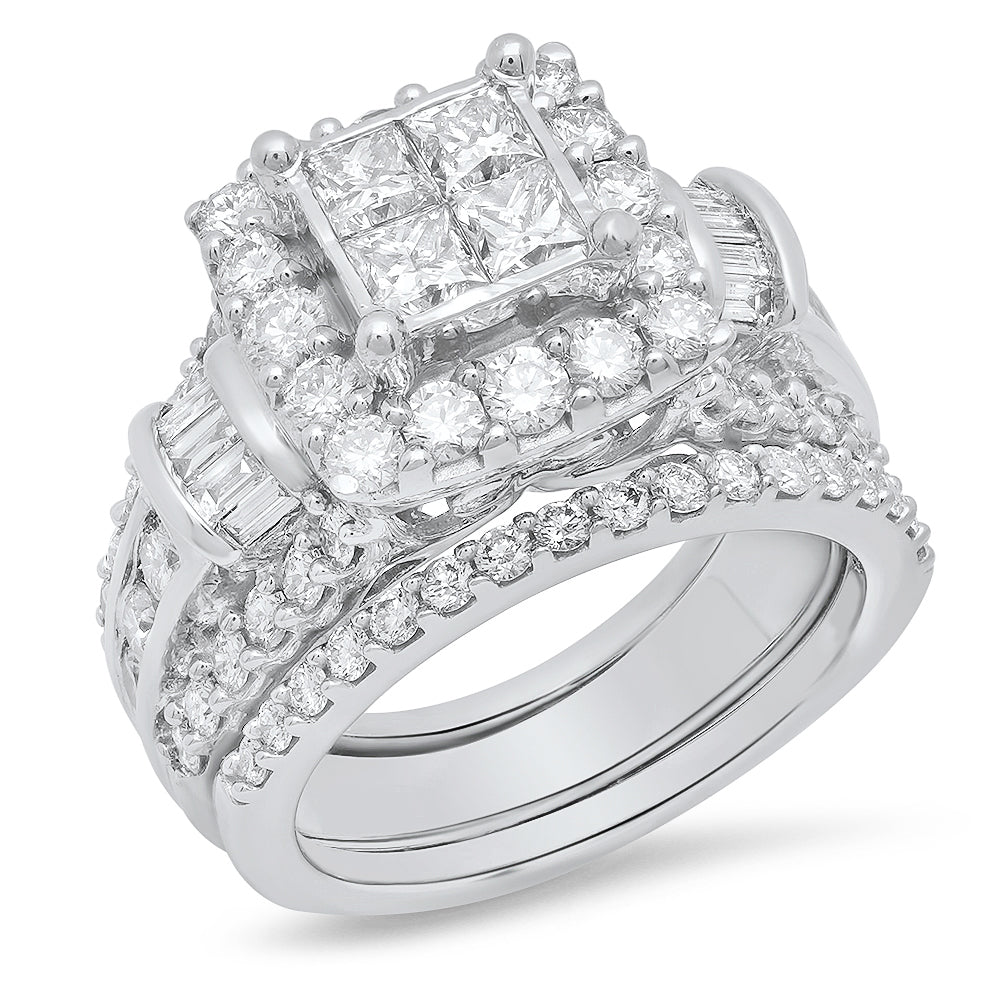 14K White Gold Princess Cut, Round & Baguette Diamond 3CT Halo Wedding Set