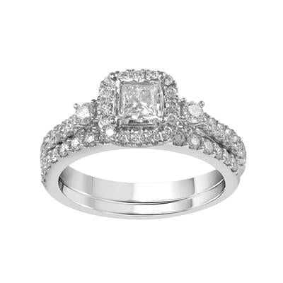 10K White Gold Princess Cut & Round Diamond 1CT Halo Wedding Set