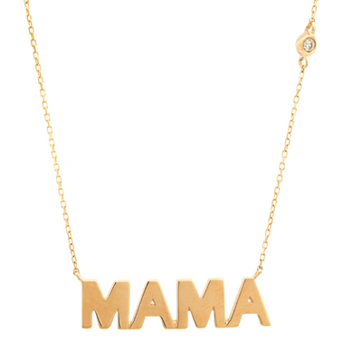 14K Yellow Gold, "MAMA" Necklace with Single Diamond